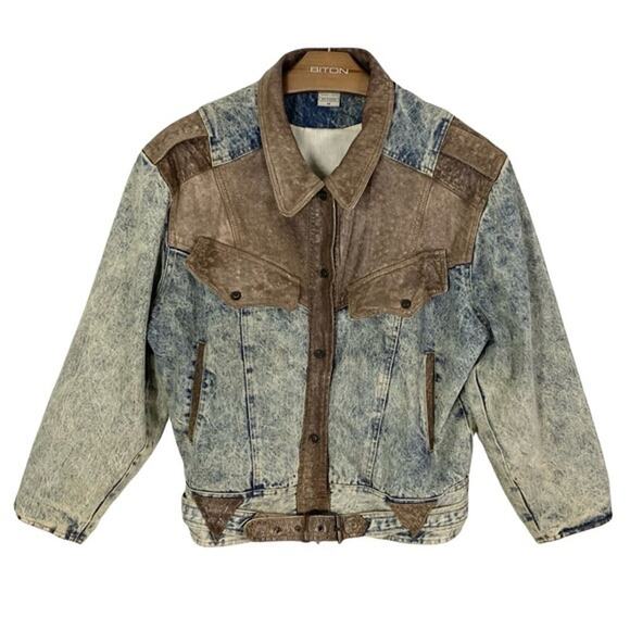 PREZZIA JEANS Vintage Acid Wash Leather Patch Detailed Jacket Mens Medium - Picture 1 of 16